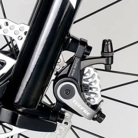 Close-up of the Beast Mode Mountain Bike Front Disc Brake Kit With Twin Piston Mechanical Caliper and Machined Aluminum Body.