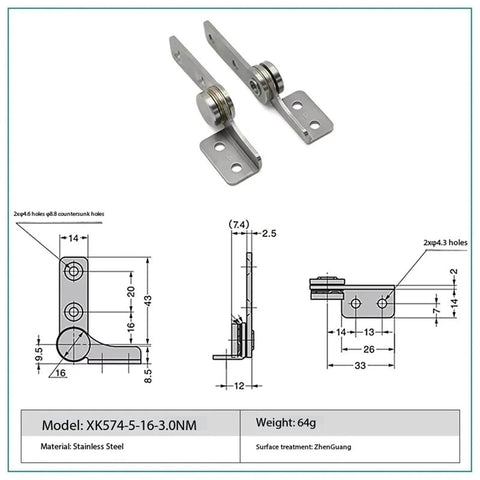 Stainless Steel Constant Torque Position Control Hinges Friction Stay Door Hinge For No-Fuss Smooth Open And Hold Doors, Model XK574-5-16-3.0Nm