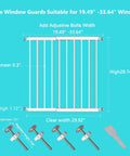 Diagram of Extra Wide Window Safety Gate For Home Use Kids And Pets Safe And Secure Fits Sliding Windows From 19.49 To 33.60 Inches No Drilling Pressure Mount Easy Install White 2 Piece Set with dimensions and details.