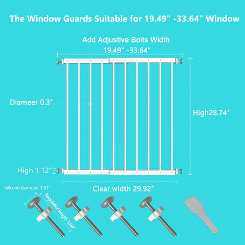Diagram of Extra Wide Window Safety Gate For Home Use Kids And Pets Safe And Secure Fits Sliding Windows From 19.49 To 33.60 Inches No Drilling Pressure Mount Easy Install White 2 Piece Set with dimensions and details.