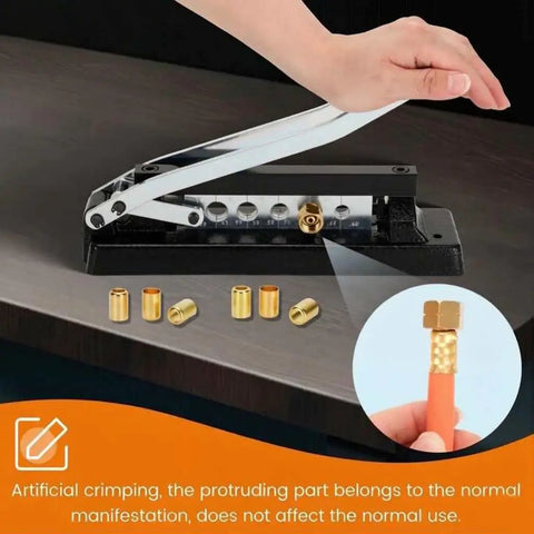 Heavy Duty H8 Hose Crimping Kit for desk or portable use, demonstrating crimping process with brass ferrules and braided hose.
