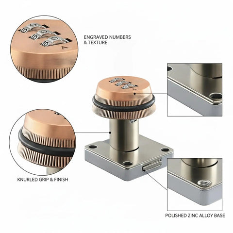 Mechanical Combination Cam Lock In Gold Zinc Alloy For Drawers And Cabinets Keyless Dial Lock For Secure Storage No Batteries Needed Built Tough For Everyday Use 1 Pack showing engraved numbers