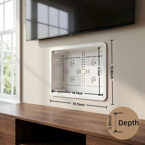 Ultra Slim In Wall Media Box With Straight Up Hassle Free Cable Routing For Streaming Players Smart Gear showing dimensions on wall.