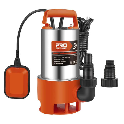 Powerful 1HP Submersible Sump Pump With Float Switch 3700GPH Stainless Steel For Fresh Water Mains Water And Pool Water Built Tough Orange Unit