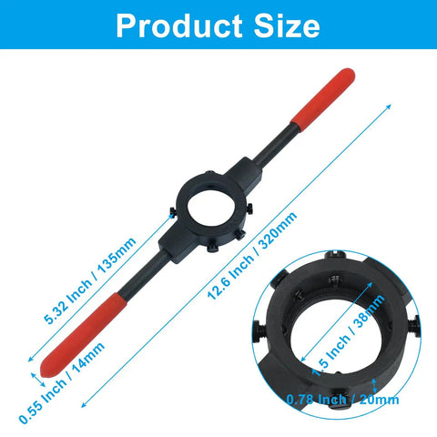 Heavy Duty Die Stock Wrench Built Tough For M12 To M14, Adjustable Die Holder Tool with non-slip grip, size dimensions