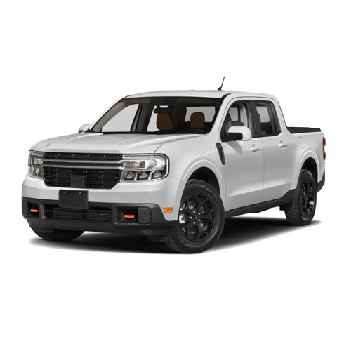 Front view of a white Ford Maverick FX4 with Tow Hook Covers For Ford Bronco Sport And Maverick FX4 Off-Road Tremor in orange visible.