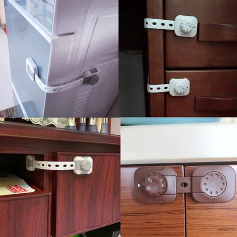 Six Pack Safety Locks For Cabinets And Refrigerator with adjustable length on various furniture surfaces, made from ABS plastic.