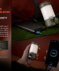 CL26R Pro Camping Lantern Olive Drab 650 Lumens USB-C Rechargeable, shown charging a phone and power bank feature highlighted.