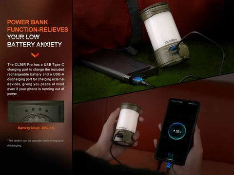 CL26R Pro Camping Lantern Olive Drab 650 Lumens USB-C Rechargeable, shown charging a phone and power bank feature highlighted.