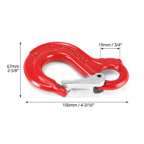 Image of Clevis Slip Hook G80 Rotary Eye Hoist Hook with lock featuring dimensions and red forged steel design, 1.2 ton capacity.