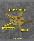 Brass Clock Key For Winding Clocks Universal 5 Prong Set shown in durable brass material and labeled dimensions