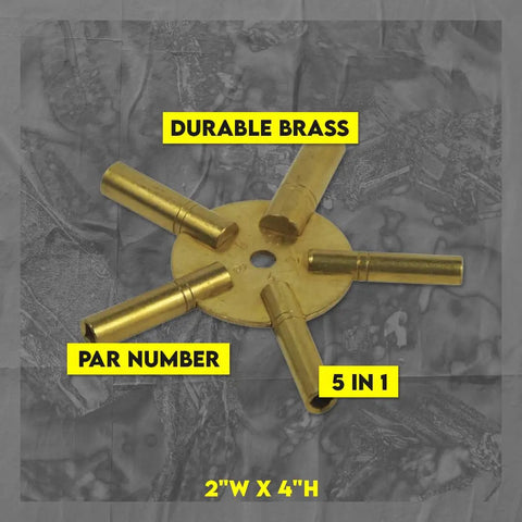 Brass Clock Key For Winding Clocks Universal 5 Prong Set shown in durable brass material and labeled dimensions