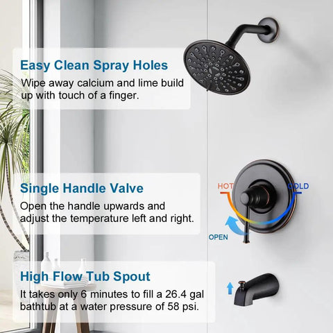 Oil-Rubbed Bronze Shower Faucet Set With Tub Spout And 6 Inch Shower Head, Tub And Shower Trim Kit, Single Handle Bath System