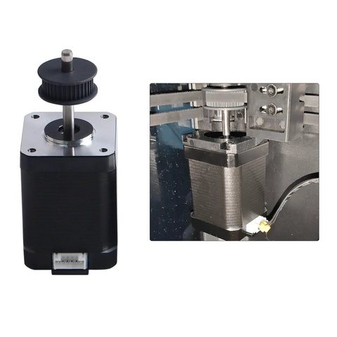 NEMA 17 stepper motor, black housing, 42x60mm body with pulley, front view
NEMA 17 stepper motor installed in printer with belt pulley, 42x60mm body, installed view