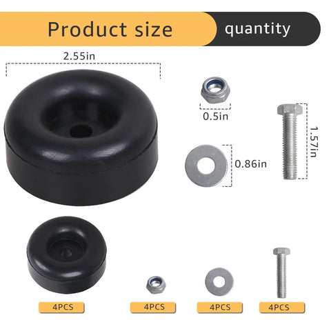 Heavy Duty Rubber Anti Vibration Foot Pads 1 Inch High 2.5 Inch Diameter 4 Pack shown with bolts and washers for stabilizing equipment