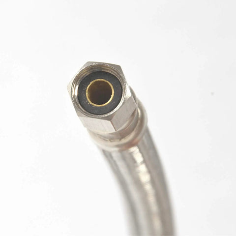 Close-up of stainless steel end of Fridge Ready Universal Refrigerator Water Hose 30 Foot With One Quarter Inch Connections For Any Icemaker
