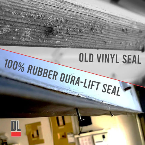 Comparison of old vinyl seal and new 100% rubber Dura-Lift seal for garage doors, showcasing material upgrade.