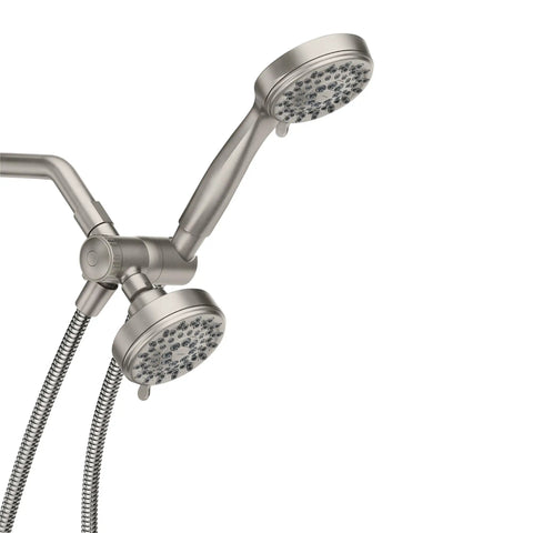 Brushed Nickel Five-Function Shower Head With Handheld Showerhead, 3.75 Inch Spray Head, 60 Inch Hose, dual heads, side view
