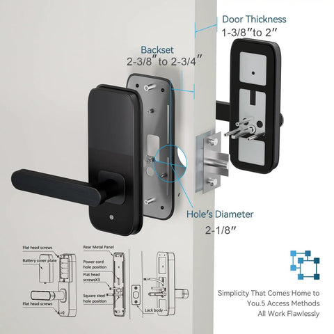 5 In 1 Keyless Entry Smart Lock With Handle For Bedroom And Front Door No Key Fumbles Fingerprint Passcode TTLock App RFID Card Or Mechanical Key installed on door