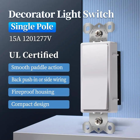 Single Pole Decorator Light Switch 15A 120V 277V Paddle Rocker On Off Wall Switch Residential Grade White UL CUL Certified