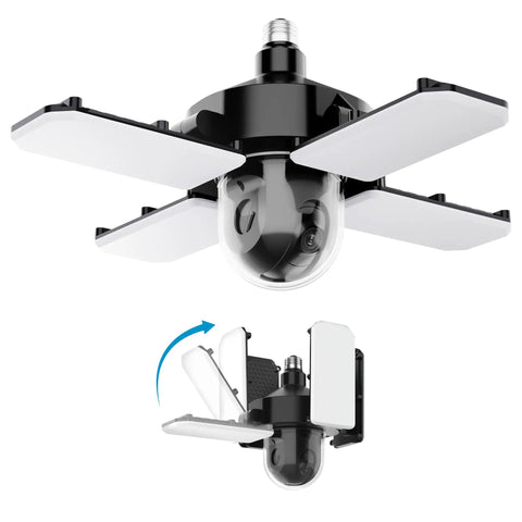 Smart Garage Ceiling Light With Camera And WiFi Security, 12,000 Lumens Dimmable LED, adjustable design, E26 base shown