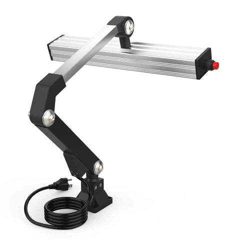 24W LED Work Light With 20 Inch Long Arm, Aluminum Alloy Housing, IP66 Waterproof Heavy Duty Shop Tool Lamp For CNC Lathe, Drilling Machine, And Other Machinery, US Plug shown in black and silver with red switch and coiled power cord.