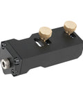 Slick Aluminum Drilling Jig For 20 30 And 40 Series Profile Rails With Integrated Threading Tool shows black aluminum template with brass knobs.