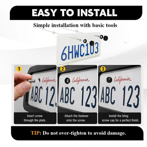 Upgrade Your Rig With Straight Fire Bling License Plate Screws And Rhinestone Caps 4 Piece Kit Corrosion Resistant Metal Fasteners installation steps showing license plate screws.