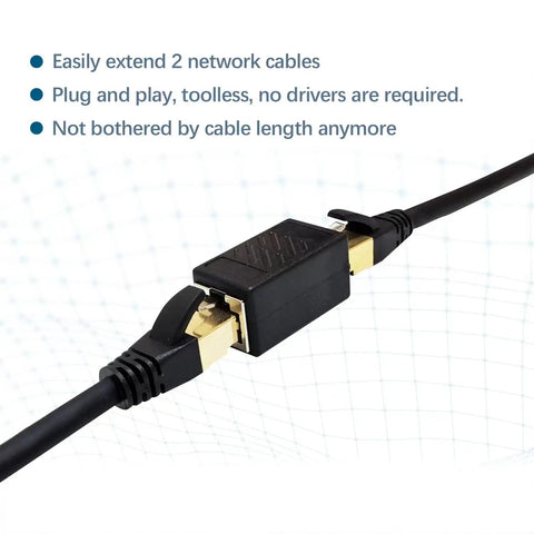 3 Pack Ethernet Coupler Set With Premium Gold Plated RJ45 Connectors, Female To Female Extenders For Cat7 Cat6 Cat5 And Cat5e Cables, Plug And Play No Tools Needed, Extends Network Up To 328 Feet With Stable High Speed Link. Black Ethernet cable coupler joining two cables