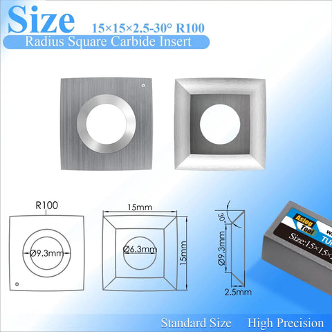 Tungsten Carbide Cutter Inserts 15x15x2.5mm R100 Blades With 4 Inch Face Radius For Woodworking Helical Planer Head DIY
