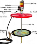 Shop Grade Air Operated Grease Pump For 55 Gallon Drums Includes 16 Ft Tubing and ergonomic grease gun, featuring oil pressure plate and gauge.