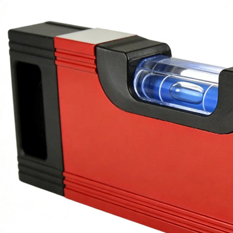 Magnetic Pocket Level Mini Bubble Spirit Level Tool With 2 Vials 90°/180° close-up of the level vials and red casing.