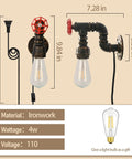 Water Pipe Wall Light Fixture Vintage Steampunk Sconce with plug-in cord and Edison bulb, 7.28in wide, ironwork material.