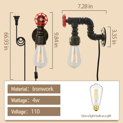 Water Pipe Wall Light Fixture Vintage Steampunk Sconce with plug-in cord and Edison bulb, 7.28in wide, ironwork material.