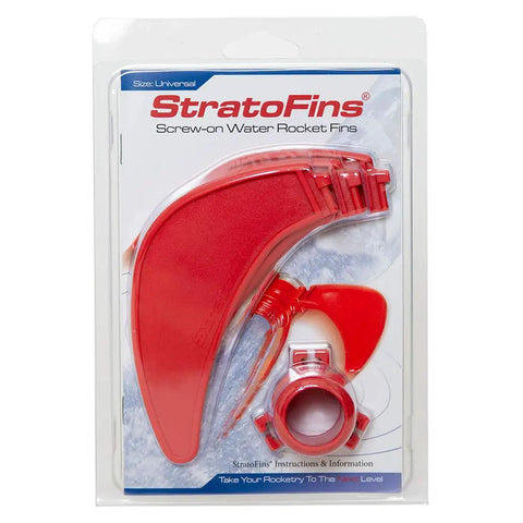 Screw On Water Rocket Fins With Parachute Kit for 2 Liter Bottles, red fins in packaging, fits 95% of launchers, easy assembly