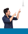 Man pointing at Emergency Rechargeable LED Light Bulb With Hook For Home And Travel Stays Lit During Outages 12W 1200mAh