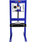Badass Professional Grade Heavy Duty 6 Ton Hydraulic Shop Press With Real Time Precision Pressure Gauge And Adjustable Work Table For Metalworking Bending Straightening Punching And Stamping Jobs Blue Finish front view showcasing pressure gauge and sturdy structure.