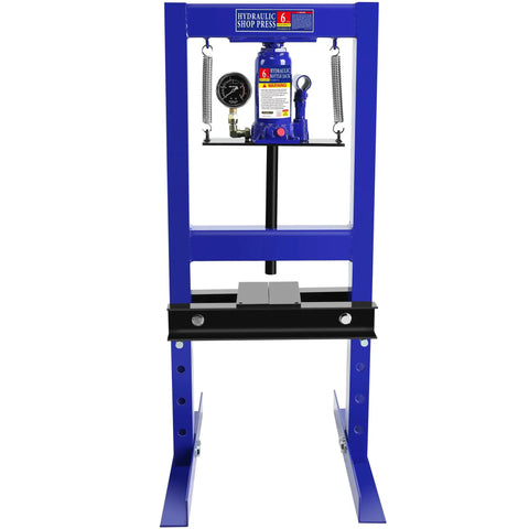Badass Professional Grade Heavy Duty 6 Ton Hydraulic Shop Press With Real Time Precision Pressure Gauge And Adjustable Work Table For Metalworking Bending Straightening Punching And Stamping Jobs Blue Finish front view showcasing pressure gauge and sturdy structure.