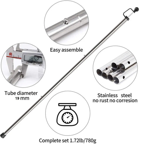 Adjustable Heavy Duty Tarp Poles Set Of 2, 90 Inch Telescoping Camping Poles, stainless steel details and 19 mm diameter
