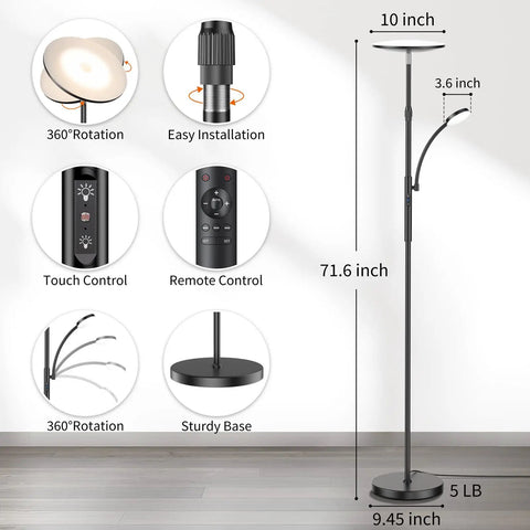 Torchiere Floor Lamp With Reading Light, 3500 Lumen LED Standing Lamp features touch and remote control, 35W energy saver