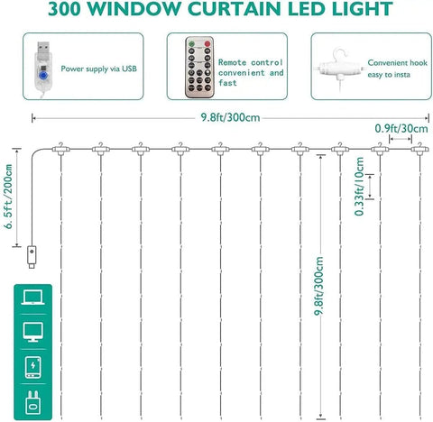 Diagram of 300 LED Fairy Curtain Lights With Remote Control, Dimmable Brightness, USB Powered For Home, Bedroom, Outdoor Decor, Warm White, 1 Meter Length, with USB input and remote.