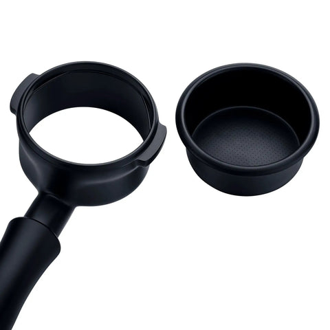 58MM Bottomless Portafilter With Titanium PVD Coated Head And Anodized Aluminum Handle Slick Fit For Breville Dual Boiler And Oracle Espresso Machines includes filter basket.