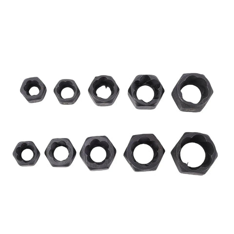 Top Notch 10 Pc Nut Remover Extractor Set 9 To 19mm Impact Socket Kit Built From Heavy Duty No 45 Steel With Reverse Helical Grooves To Yank Out Stripped Damaged Screws And Studs Fast For Any Auto Job, 10-piece sizes