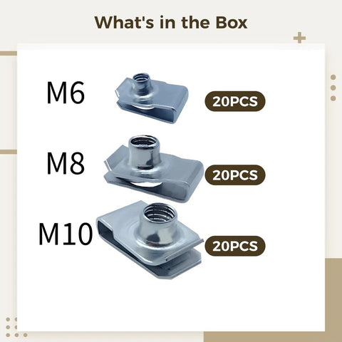 U Clip Nuts Set M6 M8 M10 For Sheet Metal, 304 stainless steel speed clips, 60 pack, visibly showing sizes and quantities.