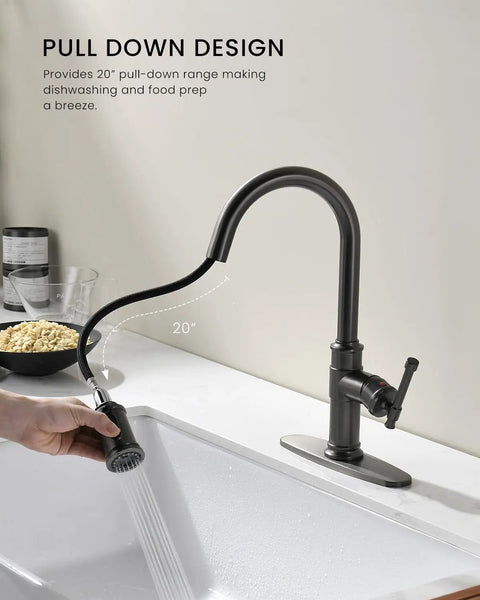 Black Stainless Kitchen Faucet With Pull Down Sprayer And Soap Dispenser, high arc spout in use over a sink, modern design