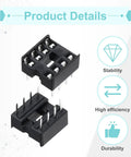 Close-up of 25 Pc DIP IC Socket Adapter Kit for 8 Pin ICs, 2.54mm 0.1 Inch Pitch, with stability and durability icons