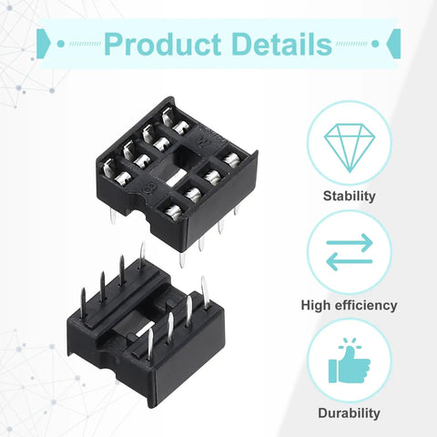 Close-up of 25 Pc DIP IC Socket Adapter Kit for 8 Pin ICs, 2.54mm 0.1 Inch Pitch, with stability and durability icons