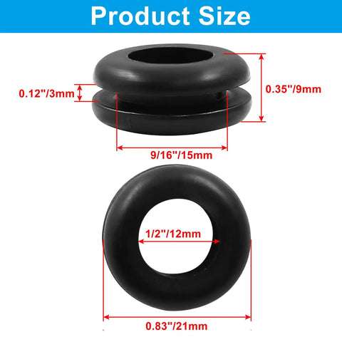 30 Pieces Rubber Grommets One Half Inch ID With Nine Sixteenths Inch Drill Hole showing dimensions