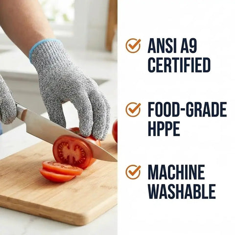 Person using Level 9 Cut Resistant HPPE Kitchen Gloves Pro Grade Heavy Duty Food Safe for meat carving and slicing tomatoes