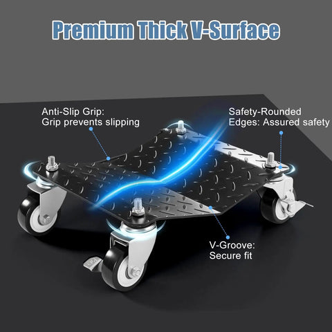 Heavy Duty Wheel Dollies Set Of 4 With Brakes 6000 Lbs Capacity High Tensile Steel Safe Lifting Rolling Under Load Built Tough For Daily Grind Beefy Workhorse Handles Loads Without Breaking Sweat Pro Shop Use Good For Mechanics Keep Garage Safe Now premium thick V-surface caster dolly